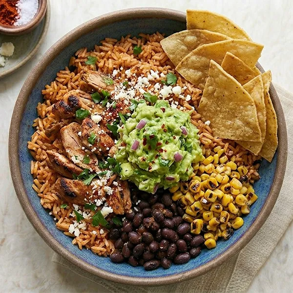 Mexican Chicken Rice Taco Bowl With Bean , Corn And Guacamole